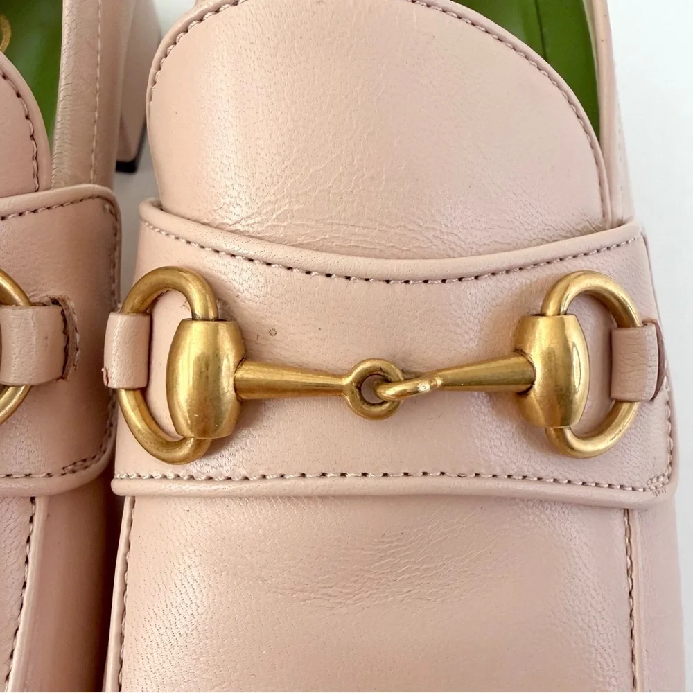 GUCCI || Houdan Blush‎ Leather Horsebit Loafer Pumps Block Heel EU 40.5